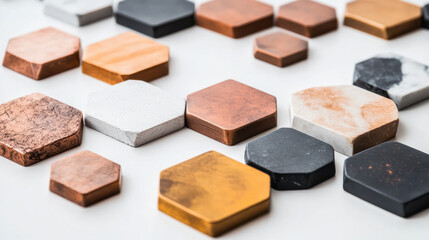 Fototapeta premium Assorted hexagonal stone tiles in various colors and textures displayed on a white surface.