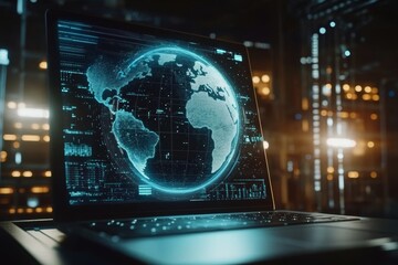 Digital technology and global connectivity  globe hologram on laptop with lens flare effects
