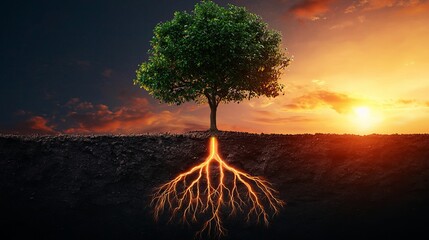 Photosynthesis sunlight process energy leave. A vibrant tree with visible roots stands against a stunning sunset, symbolizing growth and connection to the earth.