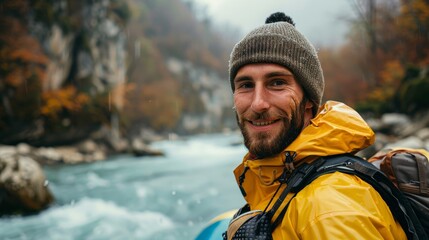 Fototapeta premium Close up portrait of excited young man in yellow jacket in warm hat stands near river and looking at camera with smile. Concept of professional sport, extreme kind of sports, activity, action. Ad