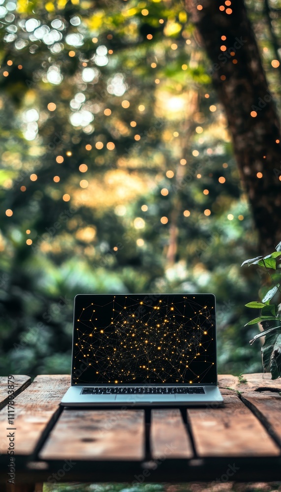 Aufkleber laptop on rustic table surrounded by nature with digital network overlay for modern connectivity