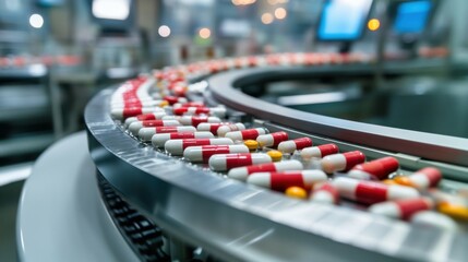 Workers Operating High-Speed Packaging System in Pharmaceutical Factory. Created with Generative AI