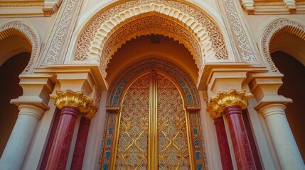 Obraz premium Grand palace entryway showcasing an elaborately carved door with vivid patterns and gold-leaf details under a dome-like arch