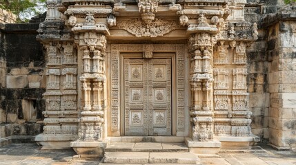 Obraz premium Historical palace entrance featuring a beautifully carved door, intricate latticework, and decorative stone reliefs