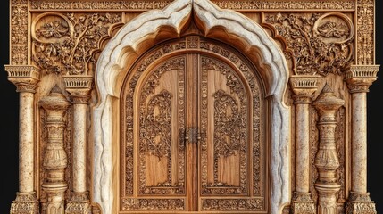 Fototapeta premium Intricately carved wooden door of an ancient palace, framed by delicate marble inlays and a grand archway
