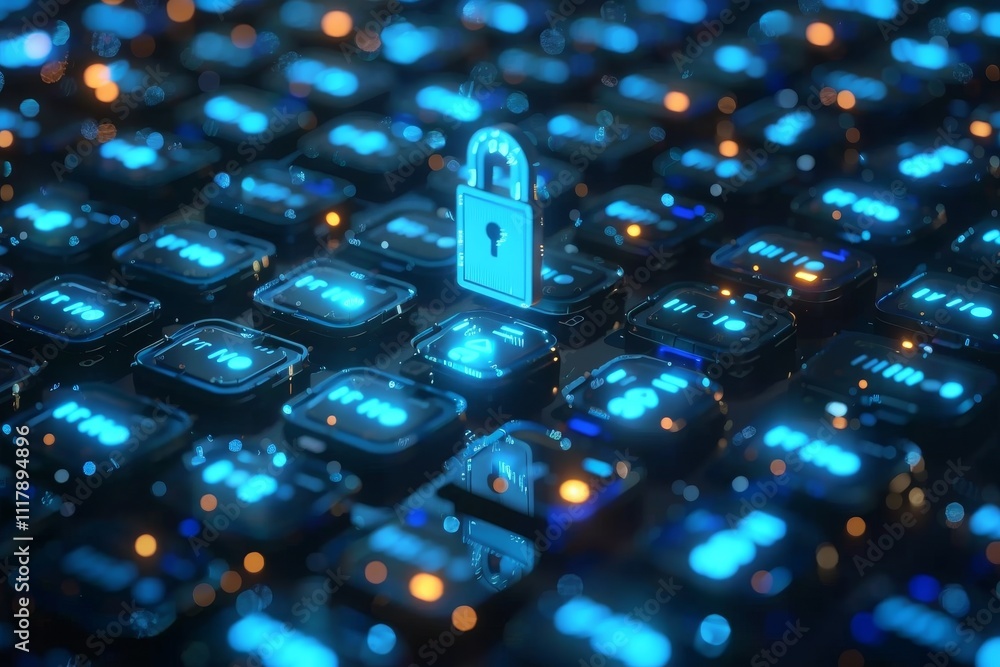 Poster a padlock rests on a keyboard, illuminated by glowing blue lights, symbolizing digital security and 