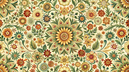 Vintage wallpaper with floral design in earthy tones. Intricate floral pattern in soft green yellow colors