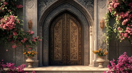 Majestic double door in a historic palace, surrounded by elaborate stonework and floral motifs, exuding timeless elegance