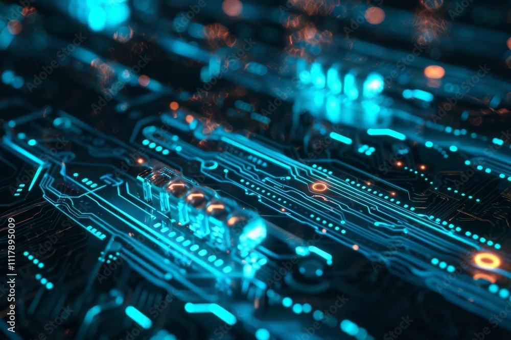 Poster a close-up view of a circuit board illuminated by vibrant blue lights, showcasing intricate electron