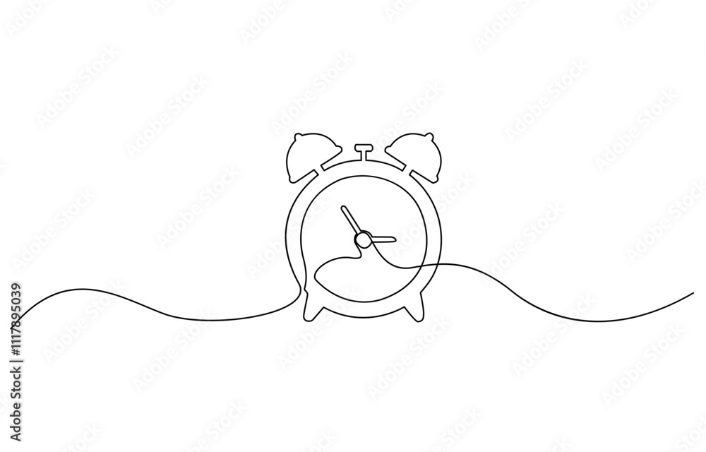 Poster continuous one line drawing of vintage alarm clock vector design, clock drawn symbol. one line art c