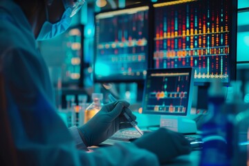 A visual representation of data analytics transforming the future of healthcare, showcasing innovation and technology integration. Glowing genetic analysis in a dark laboratory .