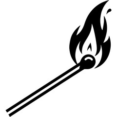 Burning match in monochrome. Careful handling of matches and fire. Simple minimalistic vector in black ink drawing on transparent background