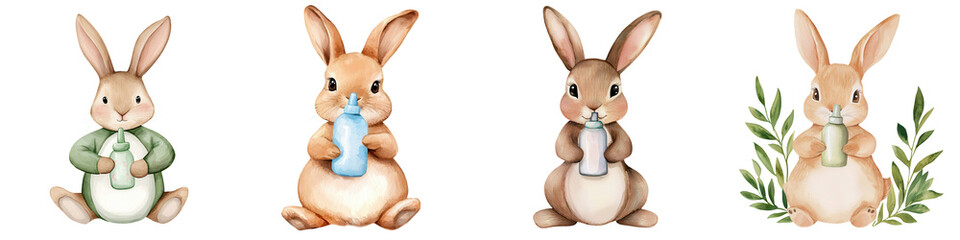 Obraz premium shy bunny holding baby bottle, surrounded by adorable friends, isolated on transparent background.