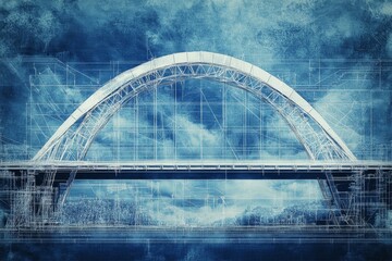 Detailed blueprint illustration of a majestic arch bridge surrounded by a stunning landscape