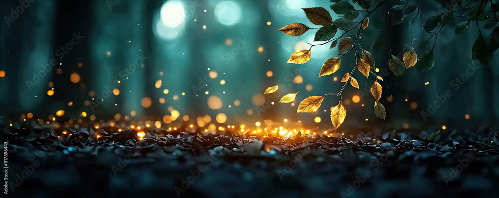 Poster mystical forest scene with sparkling lights and glowing leaves, creating an enchanting atmosphere.