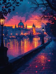 A vibrant sunset illuminates a riverside cityscape, with historic architecture reflecting on the water and street lamps casting a warm glow.