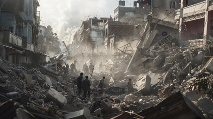 Crumbled buildings and debris filling streets after a devastating earthquake, highlighting the destructive power of nature