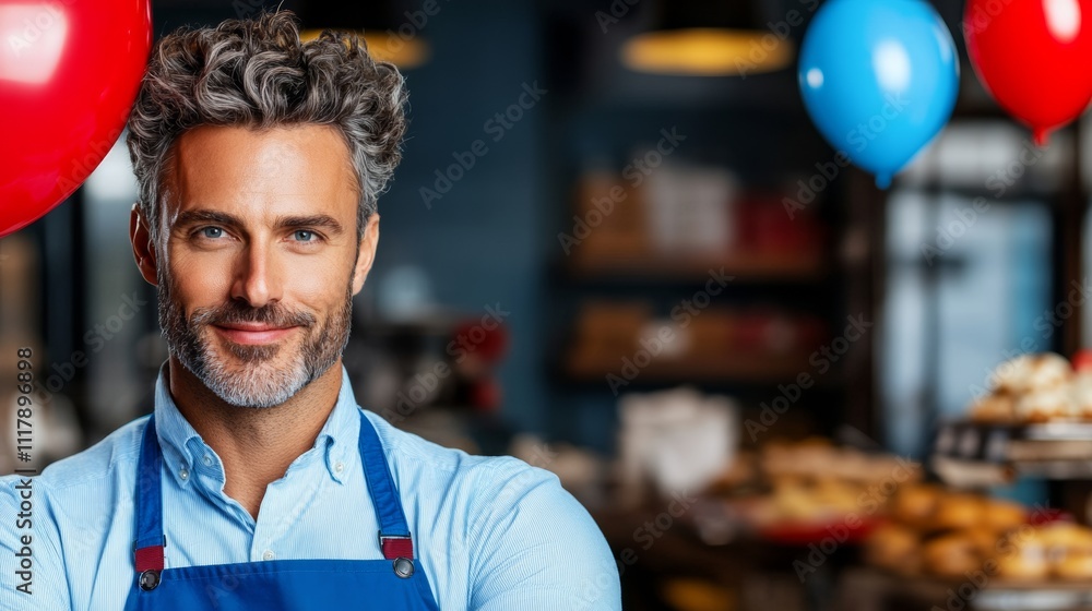Poster man with a blue apron stands in front of a bakery with balloons and cakes. he is smiling and he is p