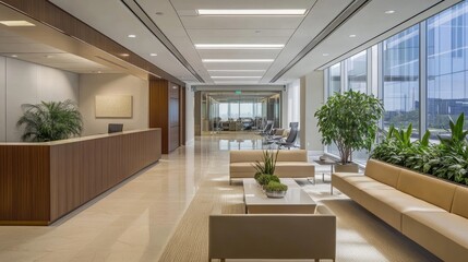 Modern office design featuring neutral tones, greenery accents, and a functional layout that blends professionalism with style