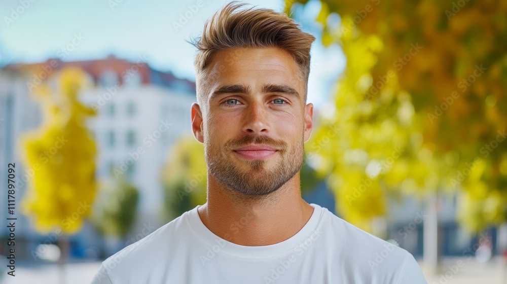 Poster man with a beard and a smile is standing in front of a building. concept of happiness and contentmen
