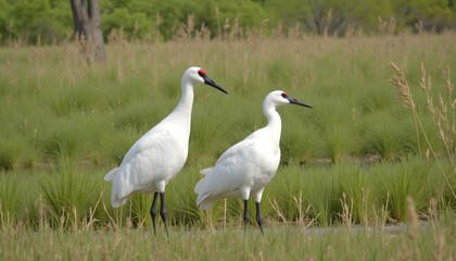 Obraz premium Duo of cranes standing side by side in a marshy area with tall grass swaying gently in the wind