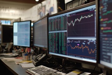 Naklejka premium Vibrant stock market graphs showcased on multiple screens in a bustling trading floor setting