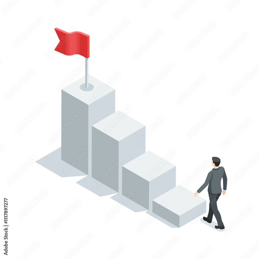 Aufkleber isometric vector business man near chart in form of steps up with flag, in color on white background