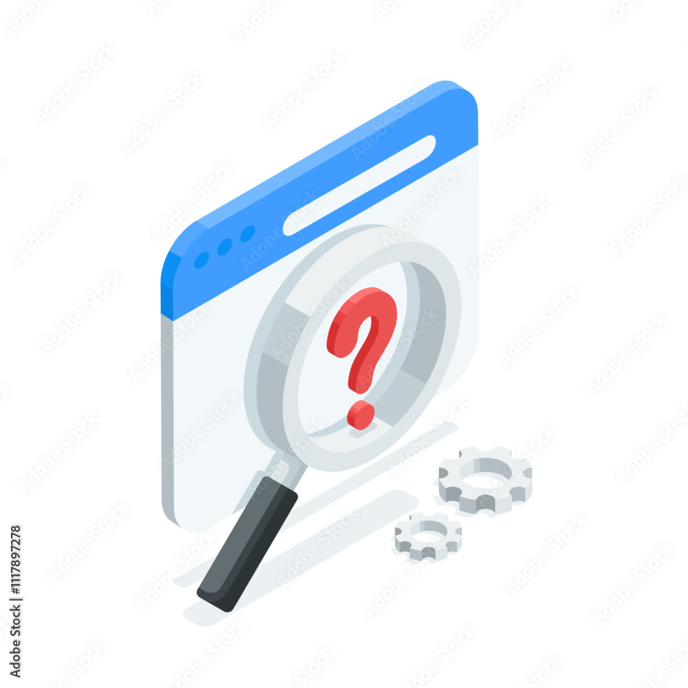 Poster isometric vector question mark and magnifying glass in the browser window, in color on a white backg