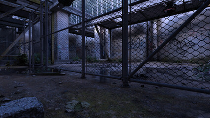 Betonw&auml;nde mit Drahgitterzaun in einer verfallenen Fabrikanlage