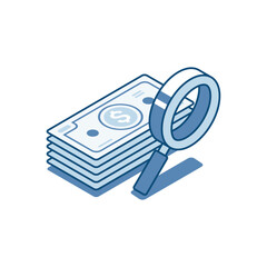 isometric vector linear icon of magnifying glass and dollar bills, in color on white background, search for money or earnings