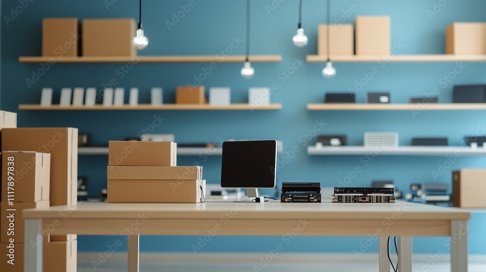 Poster modern workspace with packaging supplies and computer setup in minimalistic design