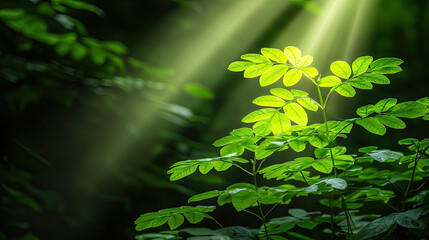 Sunlight filters through leaves in a serene forest, creating a peaceful natural ambiance.