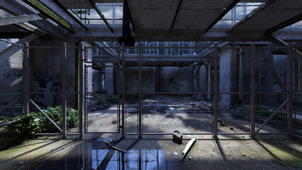 Betonwände mit Drahgitterzaun in einer verfallenen Fabrikanlage