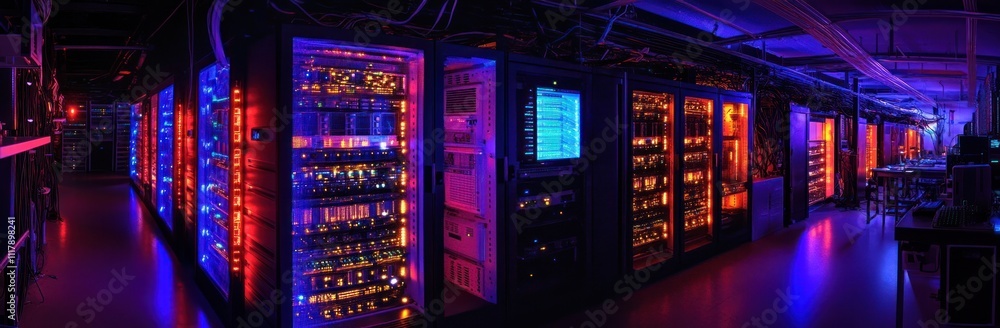 Poster illuminated server room with rows of racks displaying vibrant rgb lighting.