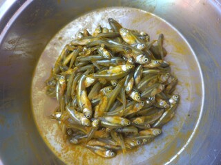 Haldi namak ka mishran kiya hua  choti machli,fresh pond small fish of steel pot,Lots of small fish...