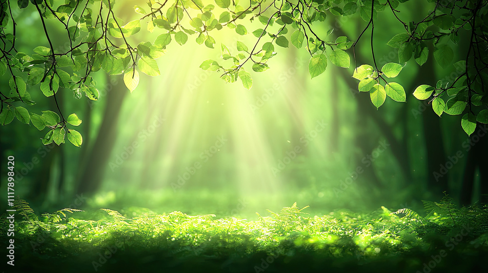 Poster sunlight filters through trees, creating a serene and lush forest atmosphere.