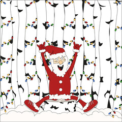 Funky Santa in the birch forest. Cute Christmas character on the birch stump. Vector illustration can used social media greeting card poster postcard