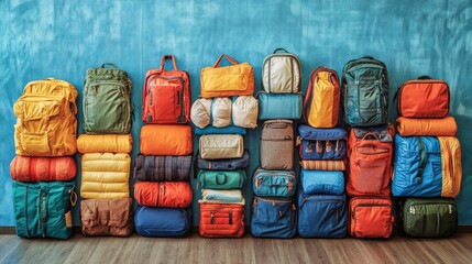 Colorful backpacks and sleeping bags stacked against a blue wall.