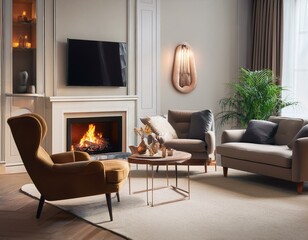 Cozy living room featuring a warm fireplace inviting armchair and stylish sofa for relaxation