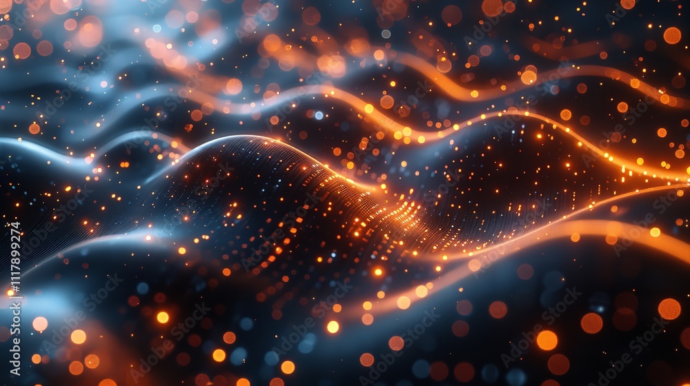 Poster Abstract wave with moving dots and lines. Flow of particles, Technology Background.