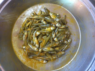 Haldi namak ka mishran kiya hua  choti machli,fresh pond small fish of steel pot,Lots of small fish in steel pot