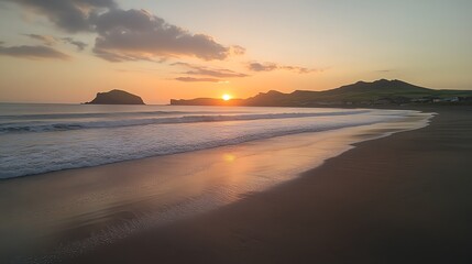 A serene beach at sunset with gentle waves and distant hills.