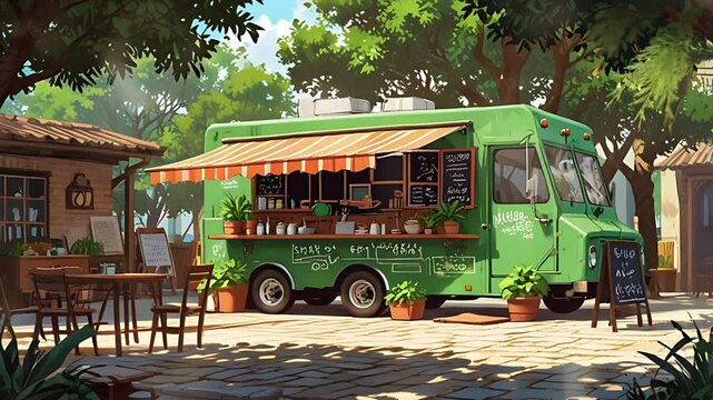 A food truck is under the tree and there are chairs and tables. Seamless 4K looping timelapse video animation background