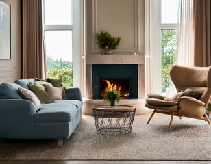 Fototapeta premium Contemporary living room with a warm fireplace plush armchair and elegant sofa for a cozy vibe