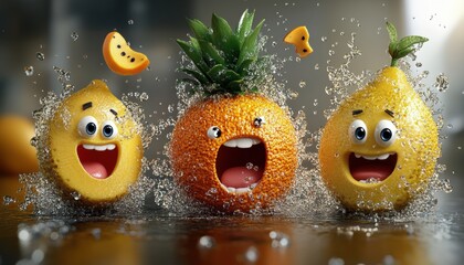 Fruits splashing with joy kitchen animated content bright environment close-up view fun concept