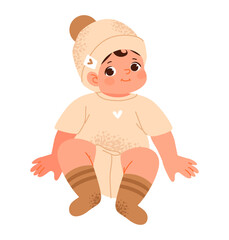 Cute baby in a knitted hat and socks. Child isolated on white background.