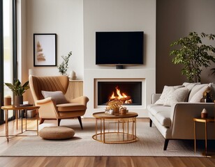 Elegant living room with a stunning fireplace inviting armchair and contemporary sofa for relaxation