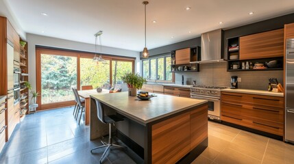 Spacious kitchen with a modern desk by the window, wooden furniture in warm tones, and natural light enhancing the space
