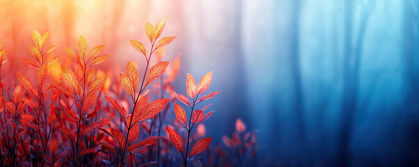 Fototapeta premium Vibrant foliage contrasts with a misty forest backdrop, showcasing autumn colors and tranquility.