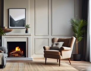 Elegant living room decor with a charming fireplace inviting armchair and luxurious sofa arrangement